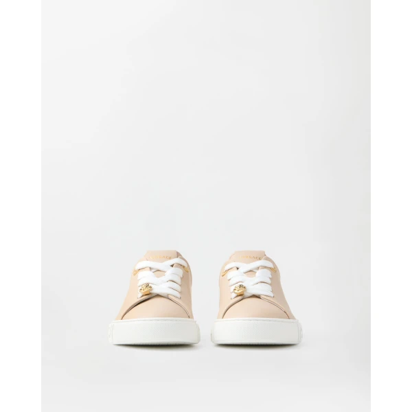 Versace Greca Leather Sneakers in Beige and Gold, view 3 | Sneakers