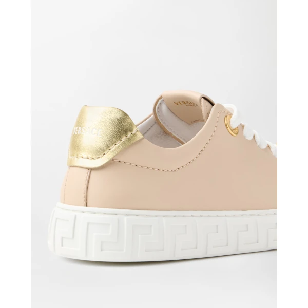 Versace Greca Leather Sneakers in Beige and Gold, view 4 | Sneakers