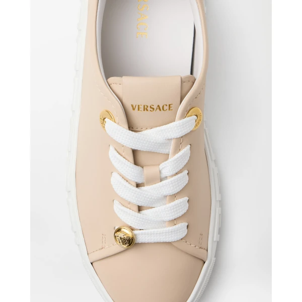 Versace Greca Leather Sneakers in Beige and Gold, view 6 | Sneakers