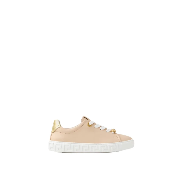 Greca Leather Sneakers in Beige and Gold