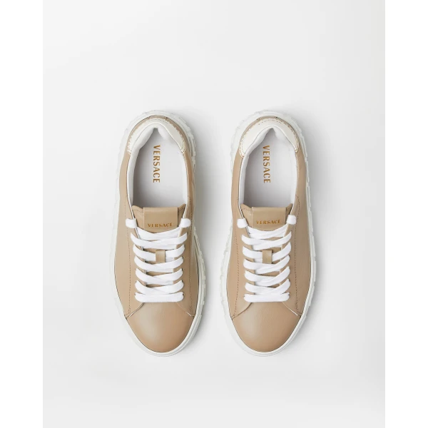 Versace Greca Leather Sneakers in Beige, view 3 | Sneakers