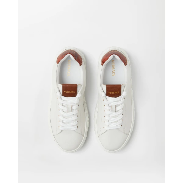 Versace Greca Leather Sneakers in Brown and White, view 2 | Sneakers