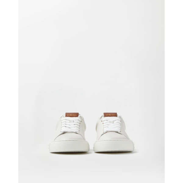 Versace Greca Leather Sneakers in Brown and White, view 3 | Sneakers