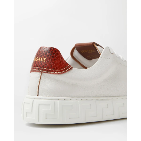 Versace Greca Leather Sneakers in Brown and White, view 4 | Sneakers