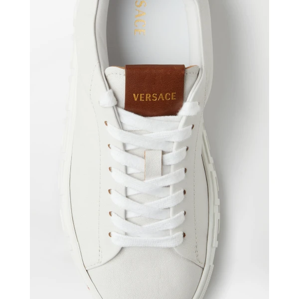 Versace Greca Leather Sneakers in Brown and White, view 6 | Sneakers