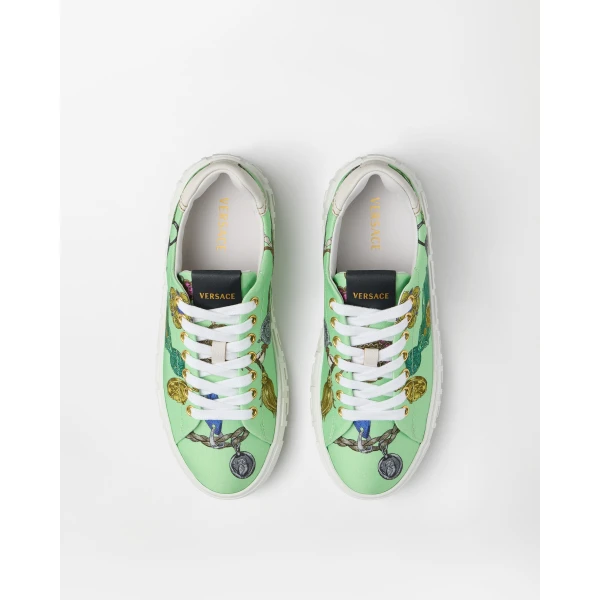 Versace Greca Printed Canvas Sneakers in Green, view 2 | Sneakers