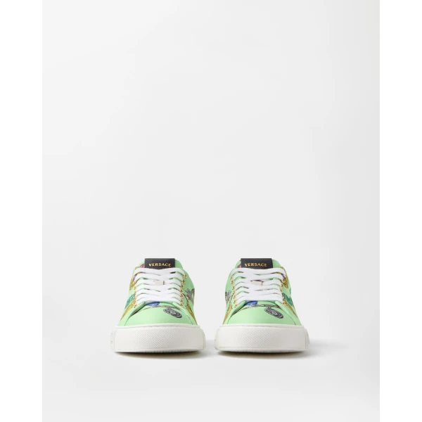 Versace Greca Printed Canvas Sneakers in Green, view 3 | Sneakers