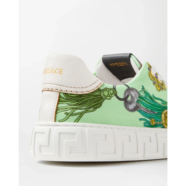 Versace Greca Printed Canvas Sneakers in Green, view 4 | Sneakers
