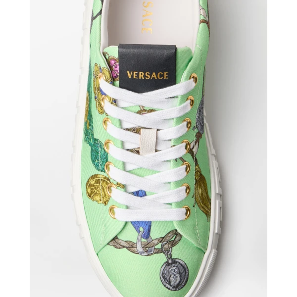 Versace Greca Printed Canvas Sneakers in Green, view 6 | Sneakers
