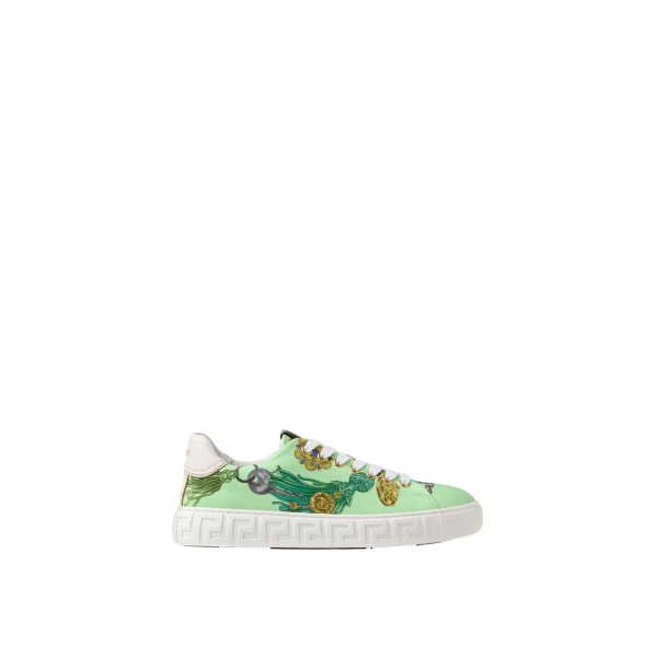 Greca Printed Canvas Sneakers in Green