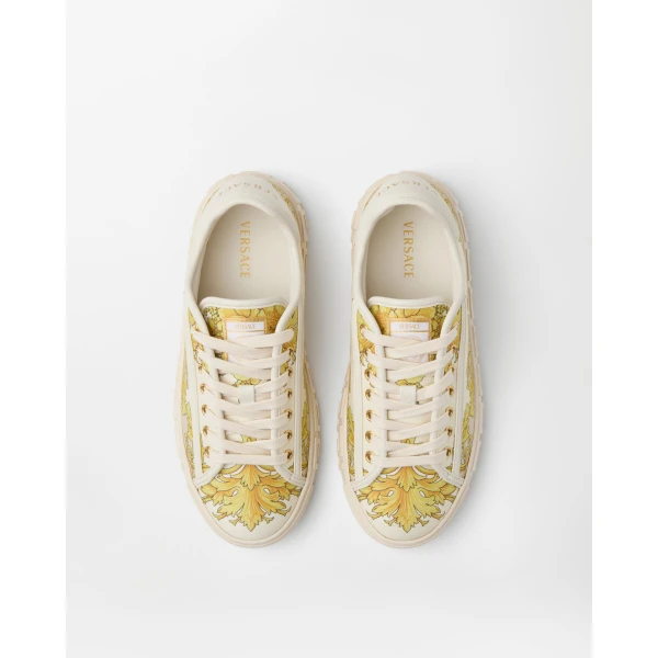 Versace Greca Printed Silk Twill Sneakers in Gold, view 2 | Sneakers