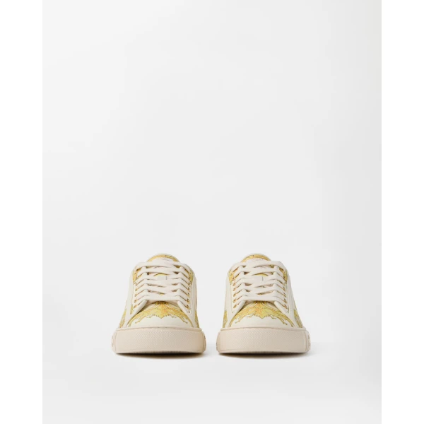 Versace Greca Printed Silk Twill Sneakers in Gold, view 3 | Sneakers