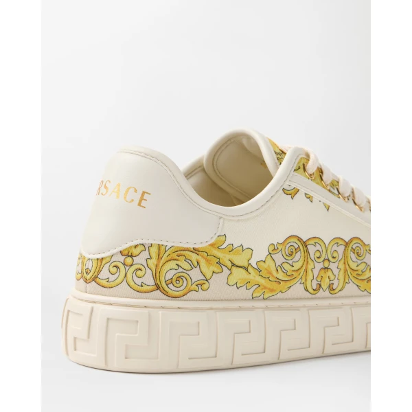 Versace Greca Printed Silk Twill Sneakers in Gold, view 4 | Sneakers