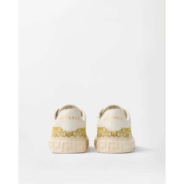 Versace Greca Printed Silk Twill Sneakers in Gold, view 5 | Sneakers