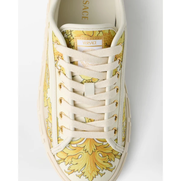 Versace Greca Printed Silk Twill Sneakers in Gold, view 6 | Sneakers