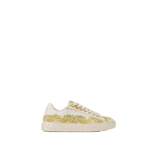 Versace Greca Printed Silk Twill Sneakers in Gold | Sneakers | Coveti