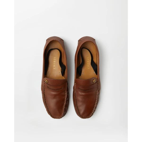 Versace Guanto Leather Loafers in Brown, view 3 | Loafers