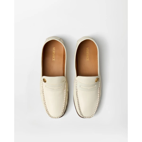 Versace Guanto Leather Loafers in White, view 2 | Loafers