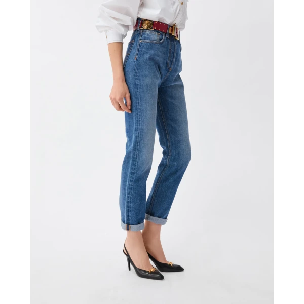 Versace High Waist Straight Jeans in Blue, view 4 | Denim
