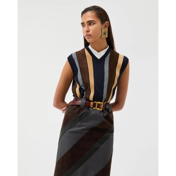 Versace Intarsia-Wool and Leather Patchwork Vest in Blue, view 2 | Vests