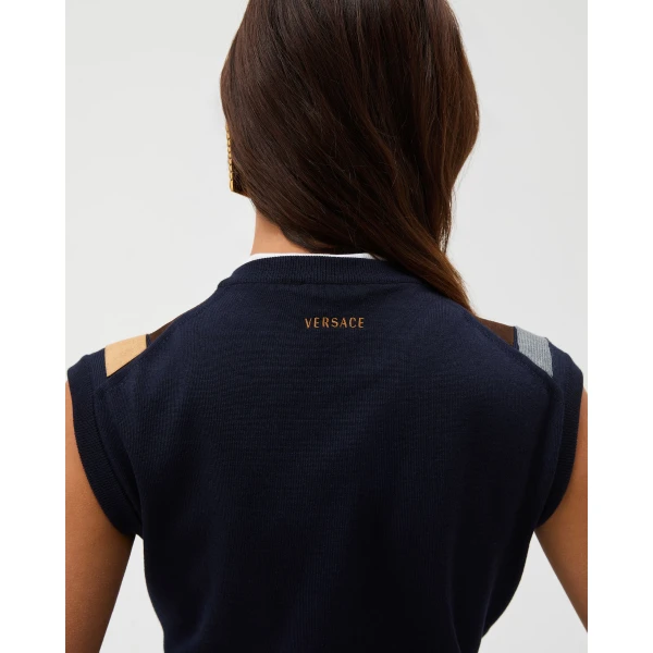 Versace Intarsia-Wool and Leather Patchwork Vest in Blue, view 3 | Vests