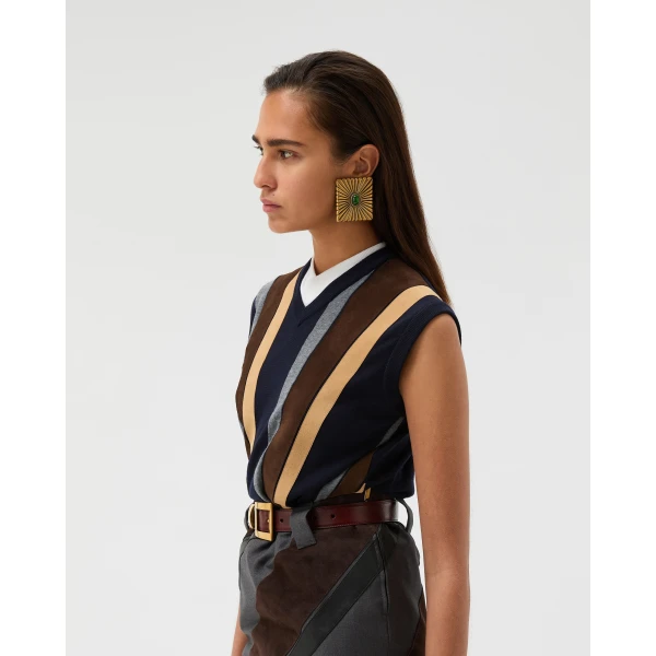 Versace Intarsia-Wool and Leather Patchwork Vest in Blue, view 4 | Vests
