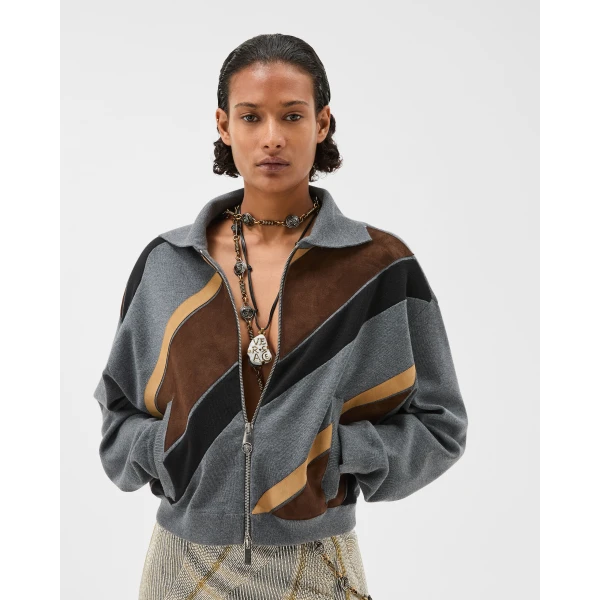Versace Intarsia-Wool and Leather Patchwork Zip Sweatshirt in Grey, view 2 | Sweaters
