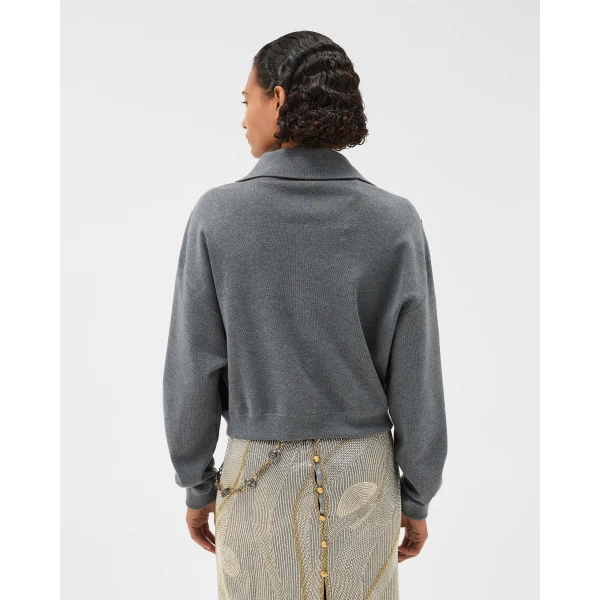 Versace Intarsia-Wool and Leather Patchwork Zip Sweatshirt in Grey, view 3 | Sweaters