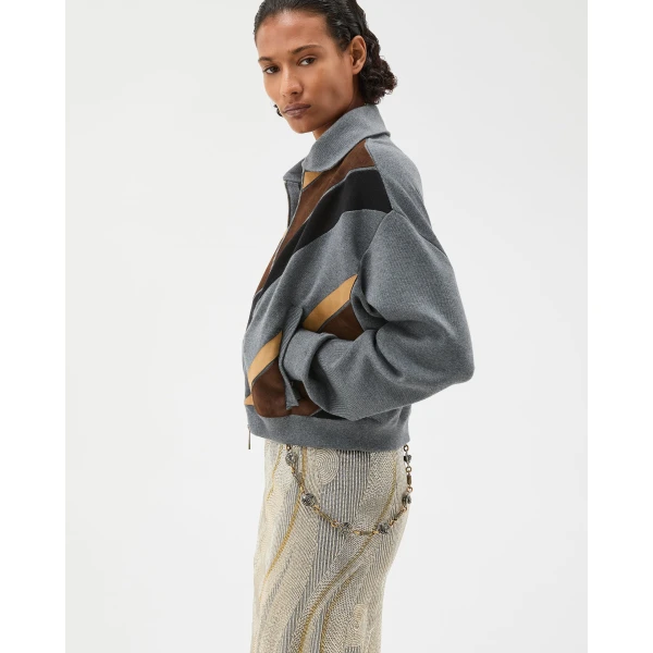 Versace Intarsia-Wool and Leather Patchwork Zip Sweatshirt in Grey, view 4 | Sweaters
