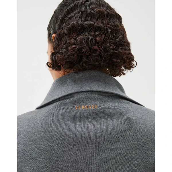 Versace Intarsia-Wool and Leather Patchwork Zip Sweatshirt in Grey, view 5 | Sweaters
