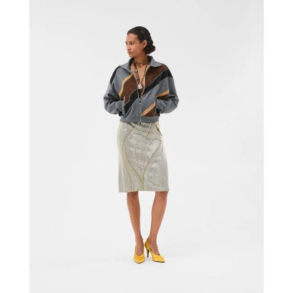 Versace Intarsia-Wool and Leather Patchwork Zip Sweatshirt in Grey, view 6 | Sweaters
