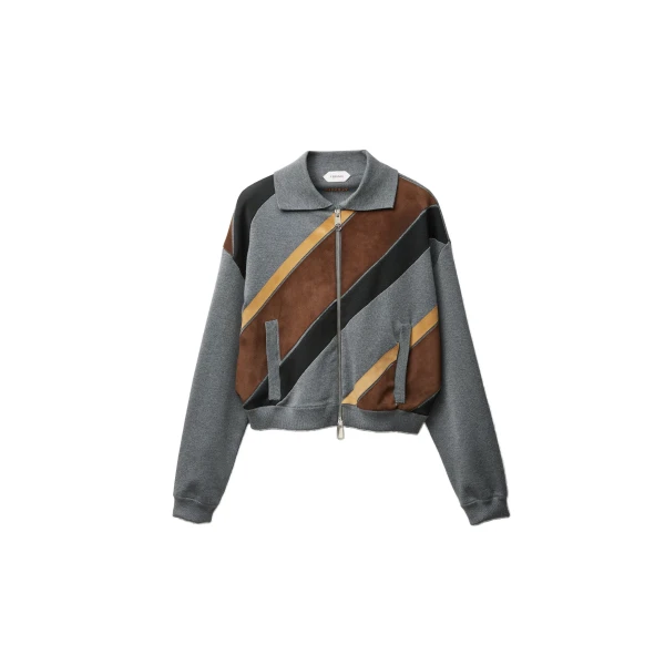 Intarsia-Wool and Leather Patchwork Zip Sweatshirt in Grey
