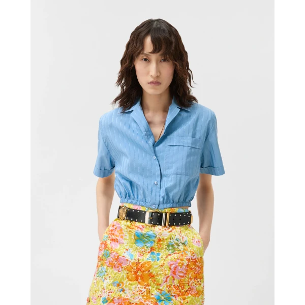 Versace Jacquard Cotton-Silk Crop Shirt in Light Blue, view 2 | Shirts