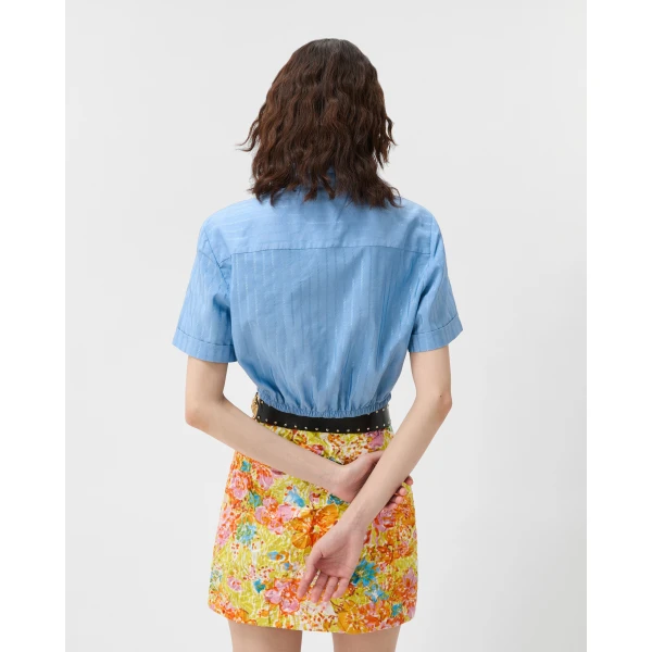 Versace Jacquard Cotton-Silk Crop Shirt in Light Blue, view 3 | Shirts