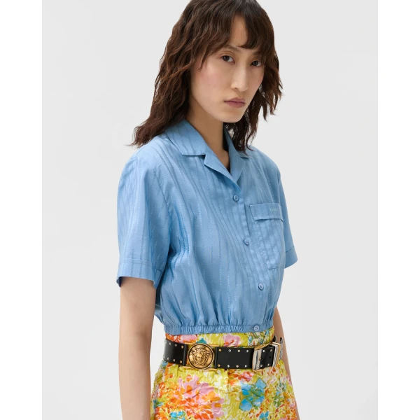 Versace Jacquard Cotton-Silk Crop Shirt in Light Blue, view 4 | Shirts
