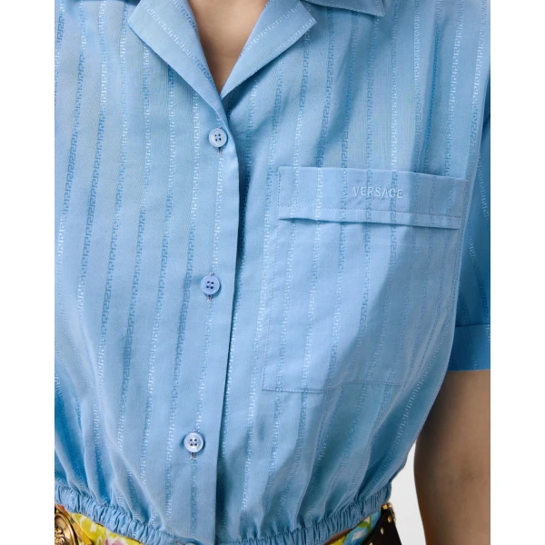 Versace Jacquard Cotton-Silk Crop Shirt in Light Blue, view 5 | Shirts