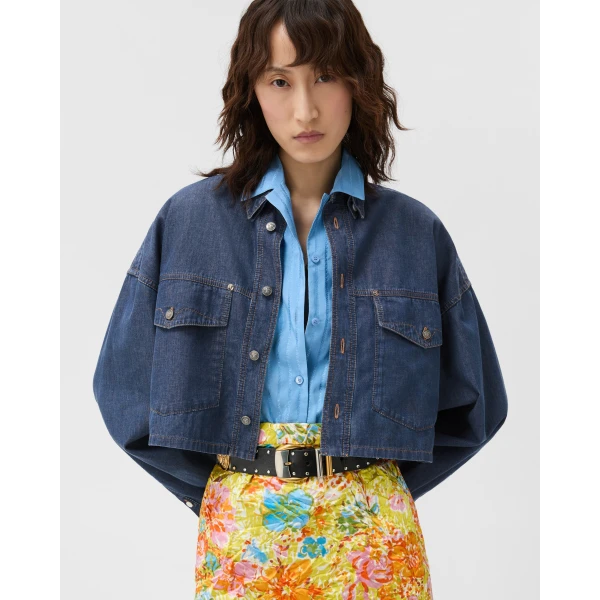 Versace Jacquard Cotton-Silk Crop Shirt in Light Blue, view 6 | Shirts
