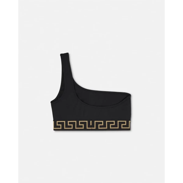 Versace Jacquard One-Shoulder Bikini Top in Black, view 2 | Bikini