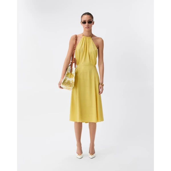 Versace Jacquard Silk Crêpe Satin Midi Dress in Yellow, view 2 | Midi Dresses