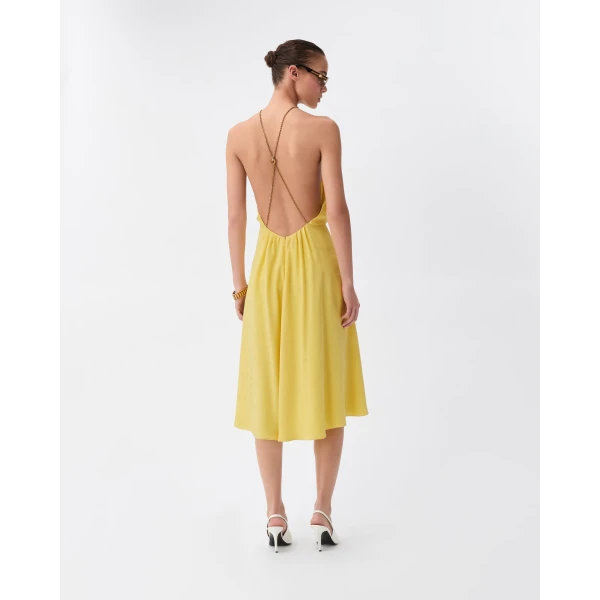 Versace Jacquard Silk Crêpe Satin Midi Dress in Yellow, view 3 | Midi Dresses