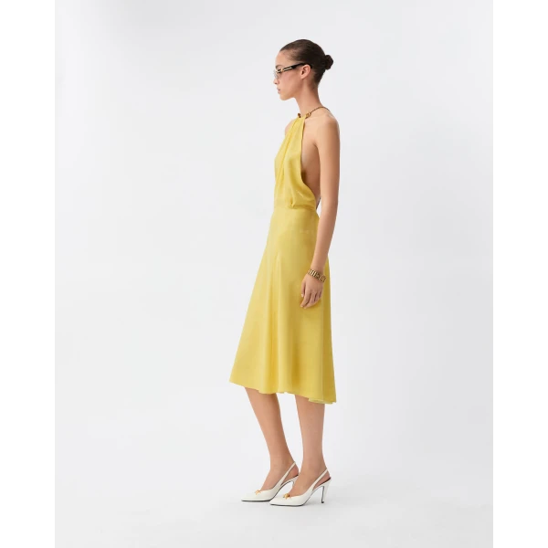 Versace Jacquard Silk Crêpe Satin Midi Dress in Yellow, view 4 | Midi Dresses