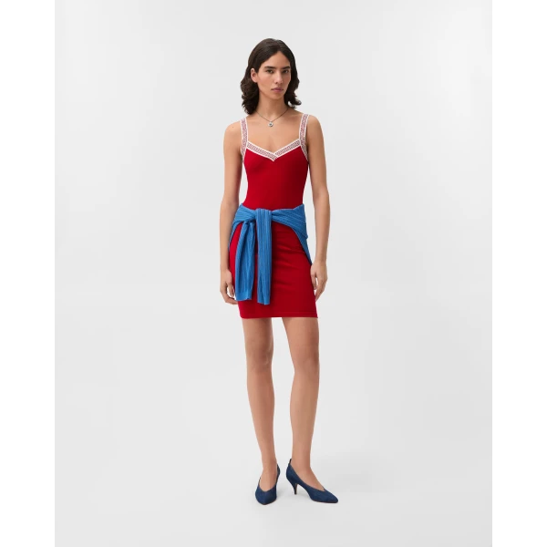 Versace Jacquard Stretch Cotton-Jersey Mini Dress in Red, view 2 | Mini Dresses
