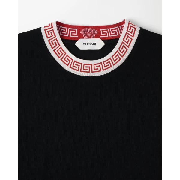 Versace Jacquard Stretch Cotton-Jersey T-Shirt in Black, view 2 | T-shirts