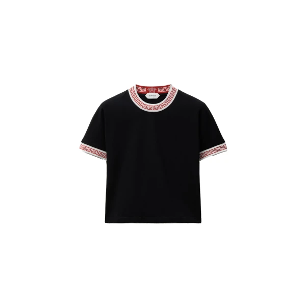 Versace Jacquard Stretch Cotton-Jersey T-Shirt in Black | T-shirts | Coveti