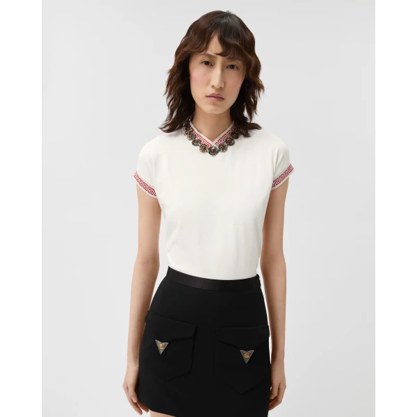 Versace Jacquard Stretch Cotton-Jersey T-Shirt in White, view 2 | T-shirts