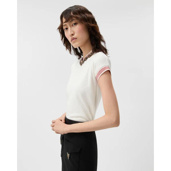 Versace Jacquard Stretch Cotton-Jersey T-Shirt in White, view 4 | T-shirts