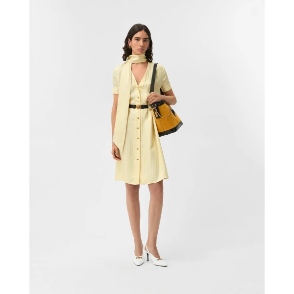Versace Jacquard Viscose-Silk Midi Dress in Yellow, view 2 | Midi Dresses