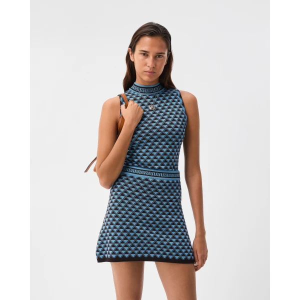 Versace Jacquard Wool and Viscose Knit Mini Skirt in Brown and Dv Blue, view 5 | Mini Skirts
