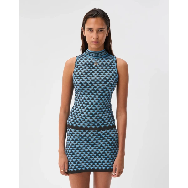 Versace Jacquard Wool and Viscose Knit Top in Brown and Dv Blue, view 2 | Tops