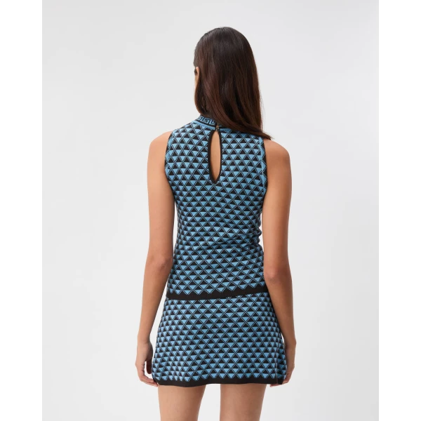 Versace Jacquard Wool and Viscose Knit Top in Brown and Dv Blue, view 3 | Tops